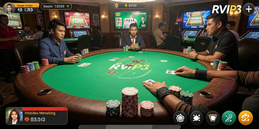 Tampilan gameplay seru di RVIP3 dengan pemain poker sedang bertanding.